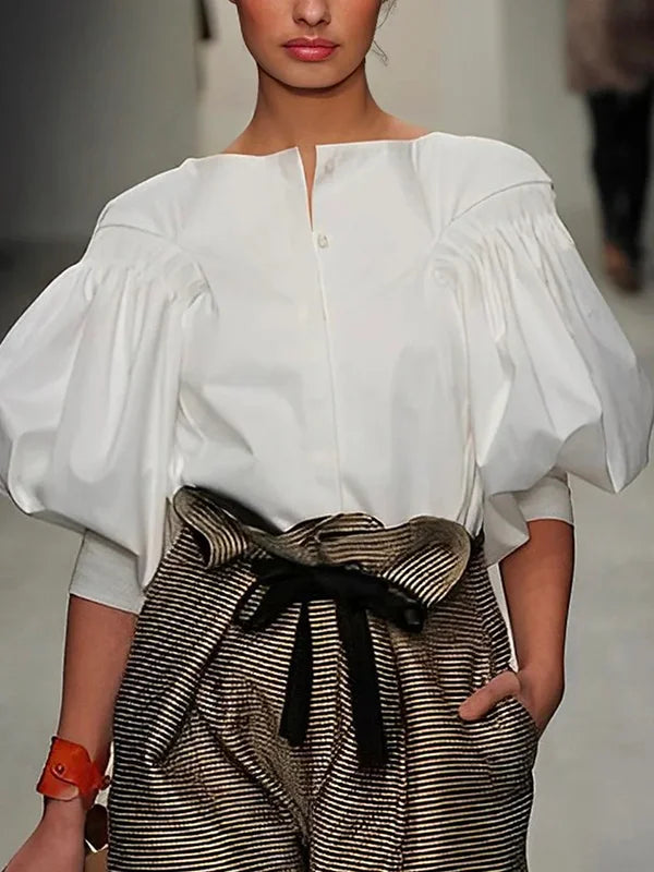 Puff Sleeves Buttoned Solid Color Blouses & Shirts Tops 122337 Airy Cotton Blouse