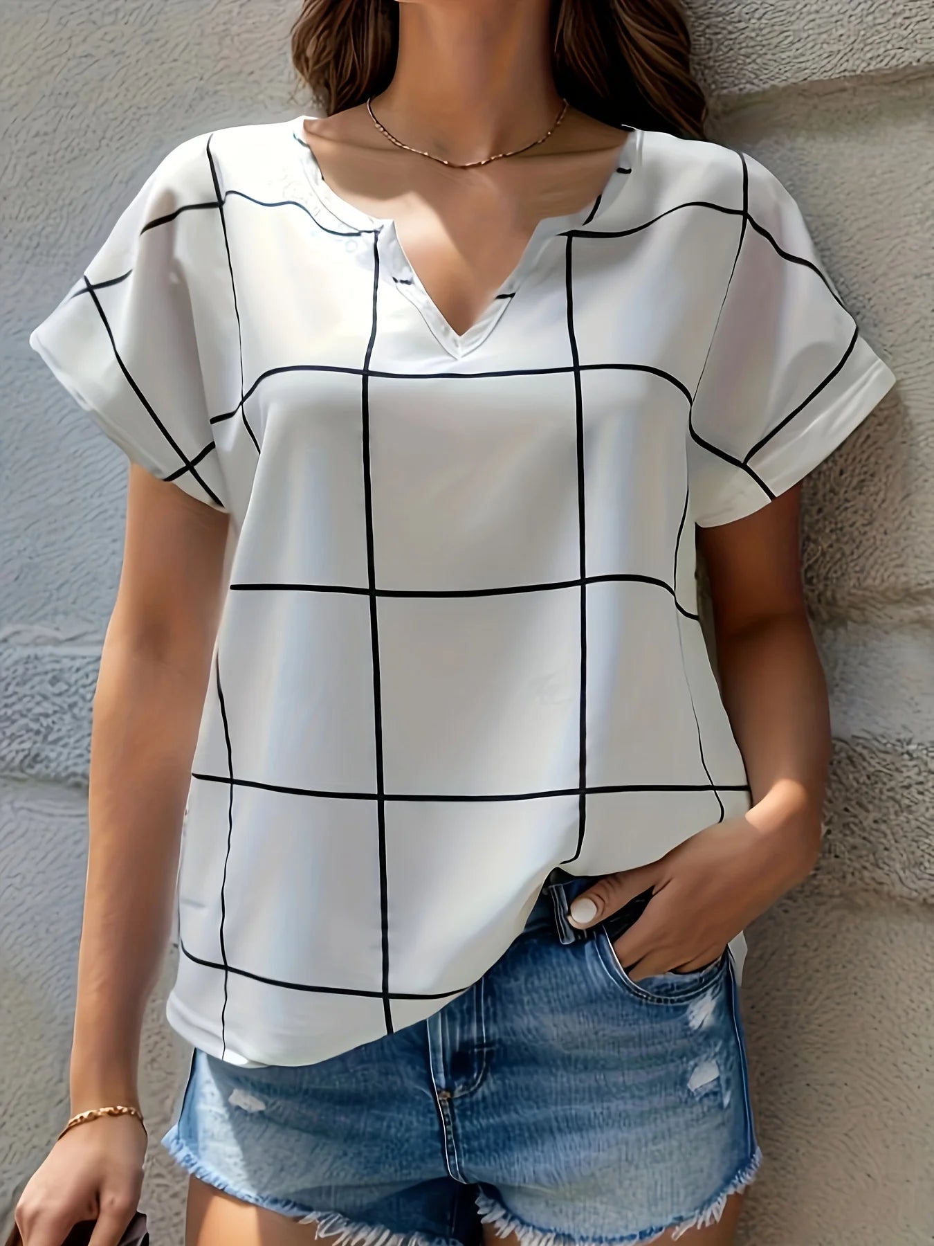 Women Plaid Printed Blouses Shirts Casual V Neck Short Sleeve Tops Ladies Basic Chic Blouses Tops Feminine Satin Blouse