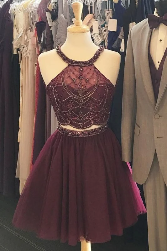 Halter Two Piece Burgundy Homecoming Dresses, Beaded Homecoming Dresses Party Dresses cg1484 Tunics Exclusive limited