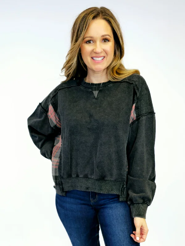 ACID WASH PLAID CONTRAST PANEL SWEATSHIRT - BLACK Hoodie Jacket Zipper Layering