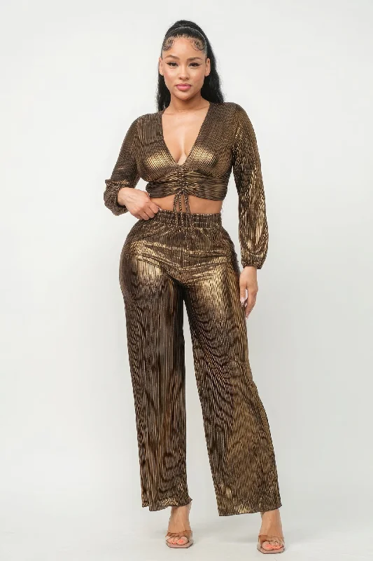 Foil Plisse Tunnel Shirring Top And Pants Set Slim Fit Casual Pants