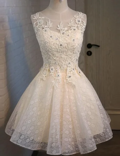 Lovely Champagne Cute Lace Beaded Party Dress, Cute Homecoming Dress cg4107 sweetheart Neckline Romantic