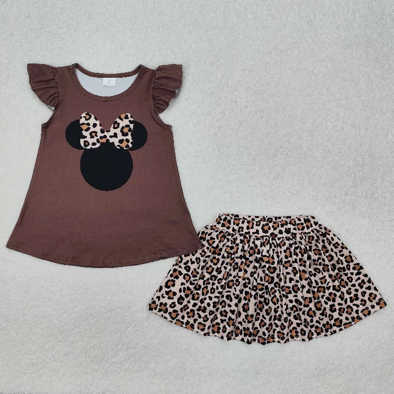 RTS NO MOQ ETA 5/7days Arrived GSD1664 leopard print bow Mickey Minnie brown flying sleeve pants skirt suit Cozy Fitted Pants