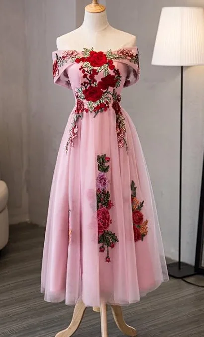 Pink Tulle Tea Length Beautiful Party Dress, Wedding Party homecoming Dress cg2293 Sequined Elegant Party