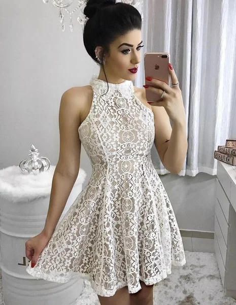 Fashion A-Line High Neck Short/Mini Lace Homecoming/Party Dress ,lace homecoming dress  cg298 Tunics Travel practical
