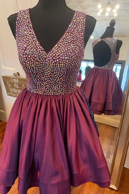 open back short burgundy homecoming dress, v neck short homecoming dress party dress  cg4002 Tunics Mesh breathable