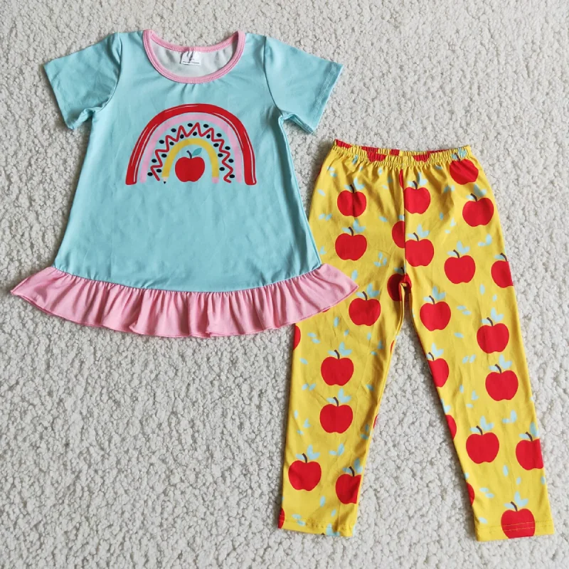 Back to School Apple Girls Short Sleeve Long Pants Set d3-28 Comfortable Denim Pants