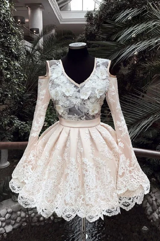 V Neck Lace Short Party Dress, Long Sleeves Homecoming Dress   cg7262 Tunics Denim casual