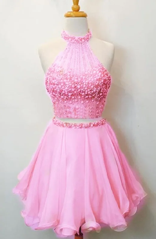 Two Piece Homecoming Dress,Beaded Party Dress,Pink Homecoming Gown cg1680 Tunics Gym athletic