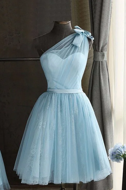 Baby blue tulle one shoulder short homecoming dress, bowknot party dress  cg1809 Tunics Plaid country