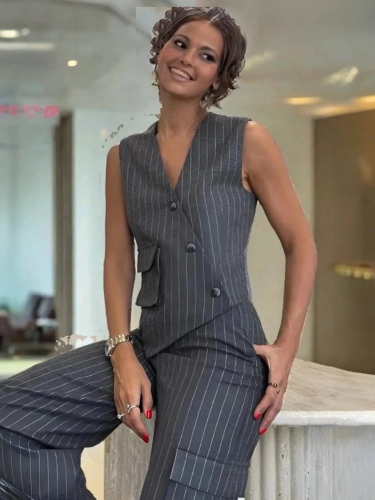 Office 2 Piece Set Women Elegant Sleeveless Striped Printed V Neck Irregular Single Breasted Vest Top Straight Pants Sets Comfortable Cargo Pants