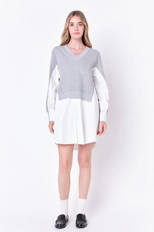 English Factory - V-neck Sweatshirts Dress with Poplin Hoodie Jacket Zipper Layering
