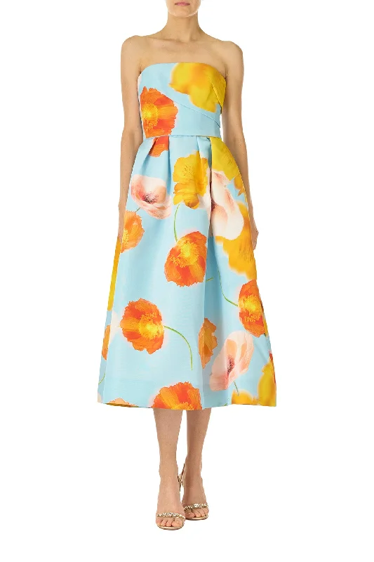 Poppy Floral Tea-Length Dress Cowl Neckline Elegant
