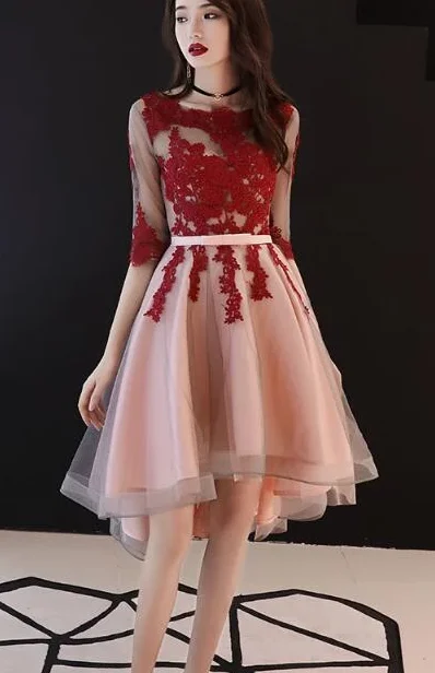 Beautiful 1/2 Sleeves High Low Red Lace Party Dress, Short homecoming Dress cg2507 Tunics Sophisticated sleek