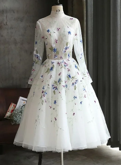 White flower lace long mid length party dress, long sleeves homecoming dress  cg5692 Tunics Spring floral