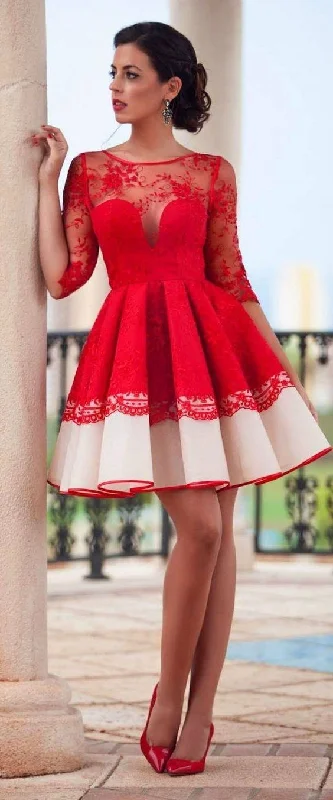 Chic Homecoming Dress Scoop A-line Red Lace Short Dress Party Dress  cg4278 Halter Neckline Beach