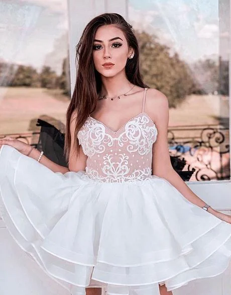 White cute lace tulle short party dress homecoming dress  cg5745 Tunics Seasonal trendy