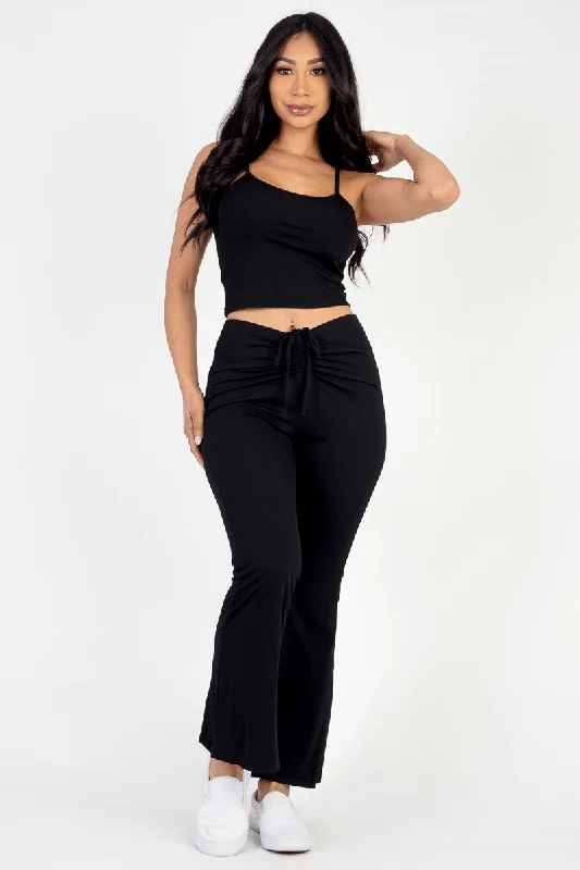 Ribbed Cami Top and Flared Pants Set with Ruched Drawstring Trendy Tapered Pants