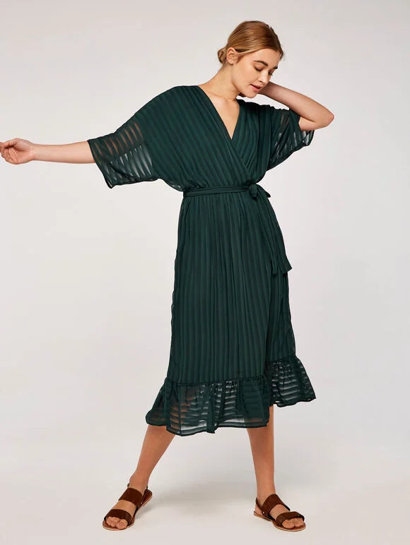 Green Self Stripe Ruffle Dress Tunics Seasonal trendy