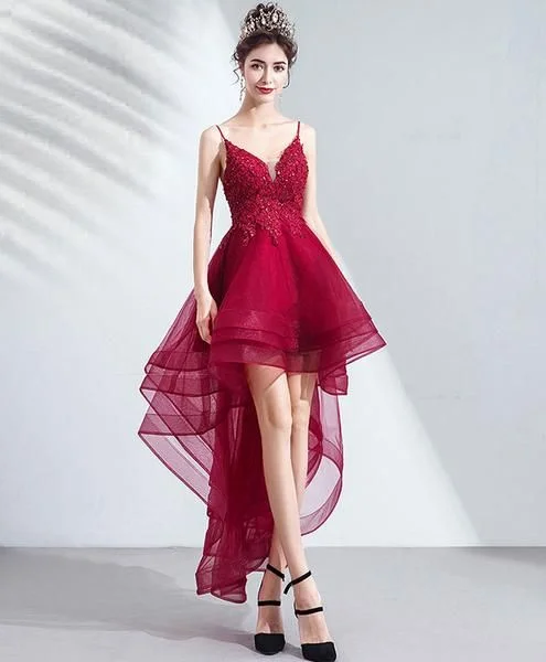 Burgundy tulle lace high low party dress lace homecoming dress cg5154 Tunics Stylish modern