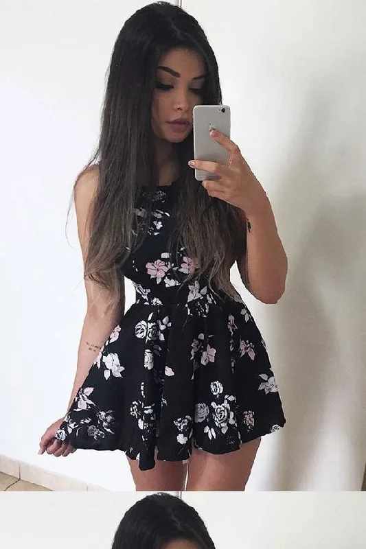 Chiffon Party Dress A-Line Crew Short Black Printed Chiffon Homecoming Dress cg2610 Tunics Exclusive limited