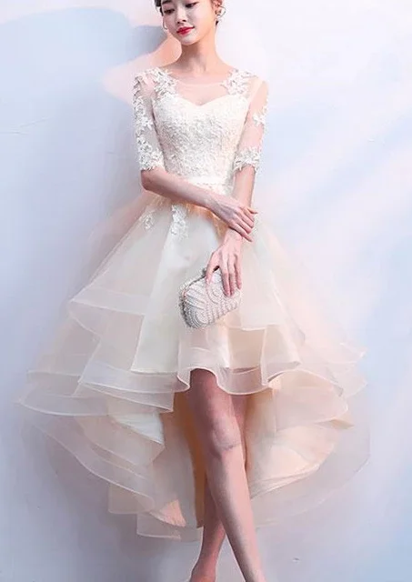 Cute Champagne Lace And Tulle Short Sleeves Party Dress, Homecoming Dress cg2509 Tunics Trendy modern