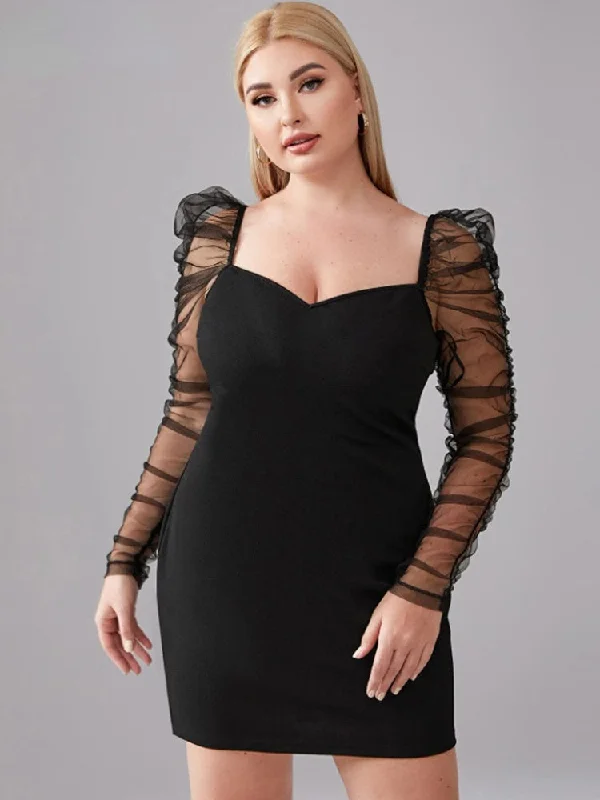 JuliaFashion-Mesh Long Sleeve Bodycon Curvy Party Dress Tunics Bridal satin