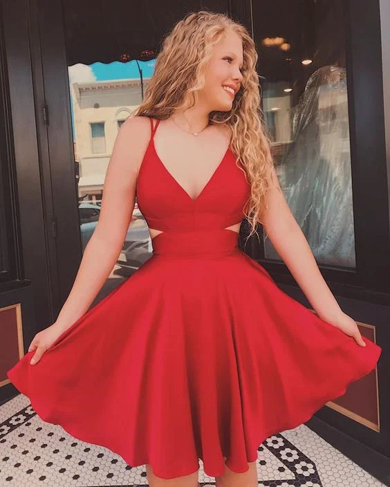 Cute Short V Neck Red Double Straps A Line Hoco Party Dress with Cut Outs,Short homecoming dress cg6303 Tunics Party sparkling