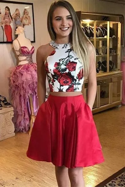 two piece floral red short homecoming dresses with pocket,simple a line knee length graduation party dress cg407 Tunics Corduroy durable