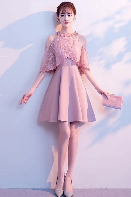 Pink A-line High Neck Satin Pink Homecoming Dresses Party Dresses cg2203 Peplum Ruffle Cocktail