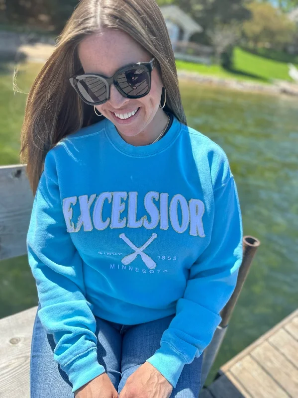 EXCELSIOR Embroidered Crew Hoodie [Turq] Hoodie with Batwing Sleeves Loose Dramatic
