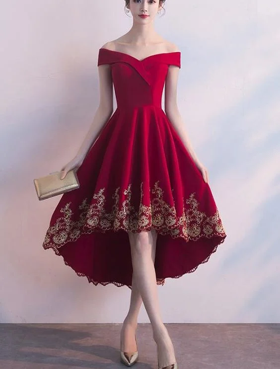 Beautiful Red High Low Party Dress with Gold Applique, Stylish Formal Dress, Cute Party Dress,homecoming dress  cg2658 Tunics Vintage classic