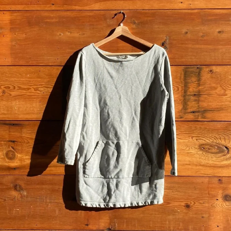 M - Ozma Light Gray Wide Neck Sweatshirt Dress w/ Kangaroo Pocket 0617RF Hoodie with Velcro Closure Adjustable Secure