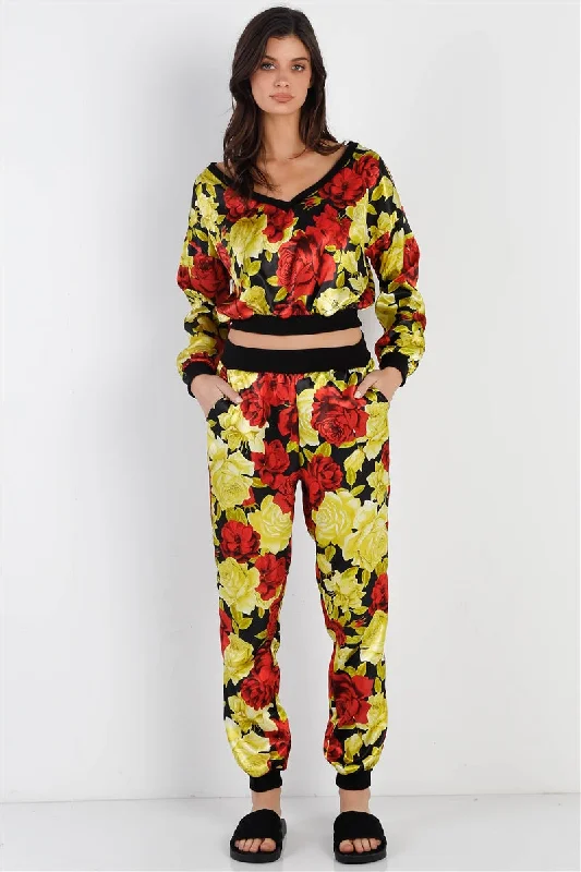 Black & Satin Effect Red & Lime Floral Print V-neck Top & Pants Set Slim-Fit Khaki Pants