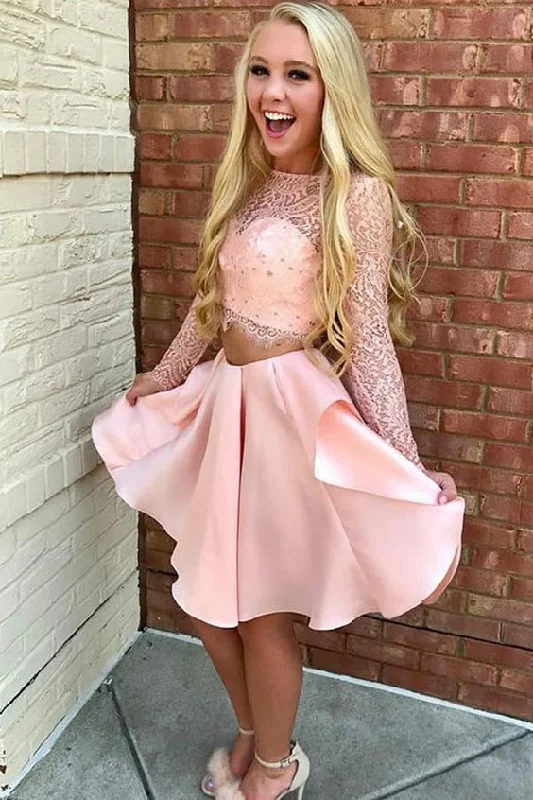 Two Piece Jewel Long Sleeves Short Pink Homecoming Dress with Lace Party Dress cg2728 Tunics Occasion special