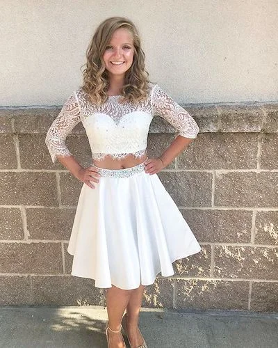 Elegant Half Sleeve Lace Short Homecoming Dress, White Two Piece Party Dress  cg4785 Tunics Bridal satin