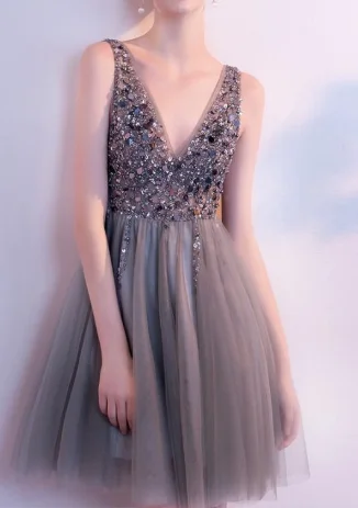 V neck Short Tulle homecoming Dress Beaded women Party Dress cg882 Satin Halter Glamorous