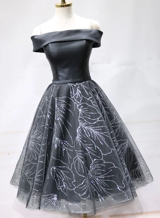 Black Satin Short Tulle Off Shoulder Party Dress, Homecoming Dress  cg5697 Tunics Winter warm