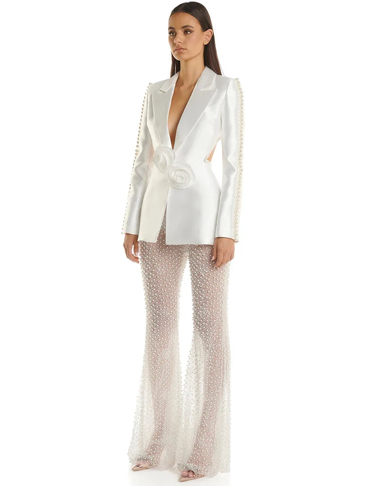 Summer Designer Women's Hollow Out Flowers Pearls Beaded Blazer Gauze Pants Lightweight Linen Pants