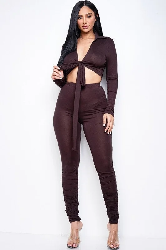Solid Heavy Rayon Spandex Collared Tie Front Top And Ruched Pants Two Piece Set Fashionable Sporty Pants