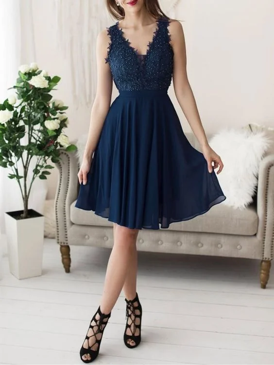 V neck dark blue chiffon lace short party dress, Beaded lace short graduation homecoming dress cg4440 Tunics Luxurious high-end