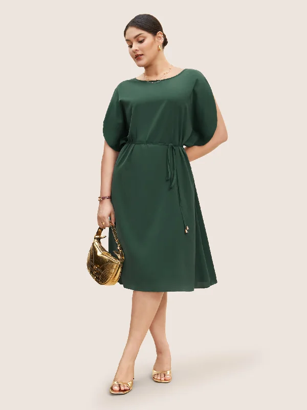 Solid Boat Neck Dolman Sleeve Belted Dress Boat Neckline Classic