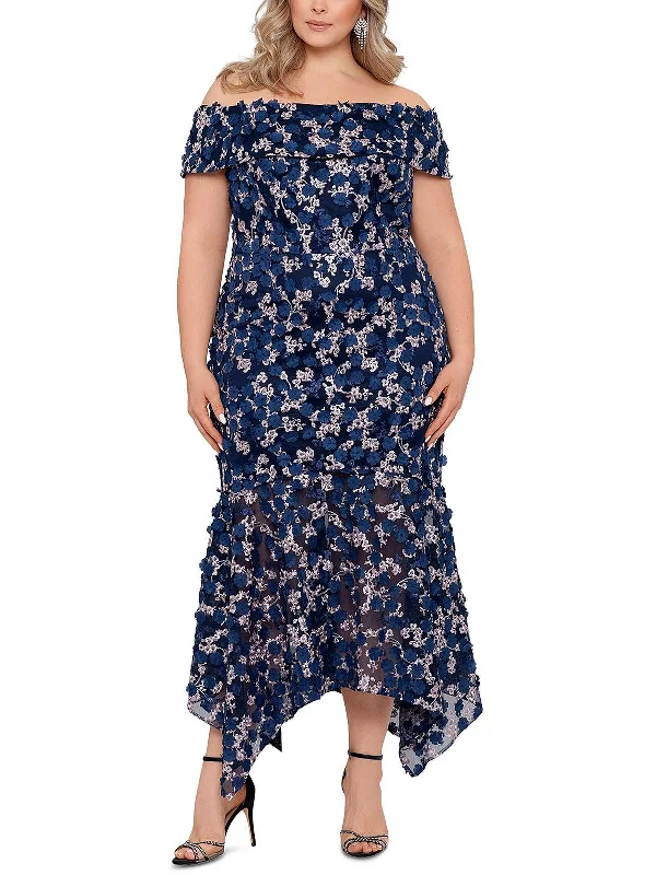 Plus Womens Floral Off-The-Shoulder Evening Dress Boatneck Modish Everyday