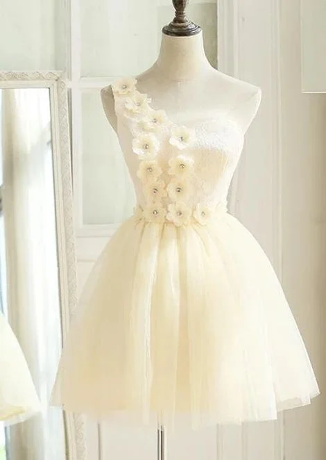 Cute Ivory Tulle One Shoulder Party Dress With Flowers, Cute Formal Dress, Teen Girls Homecoming Dresses  cg3668 Tunics Bestseller popular