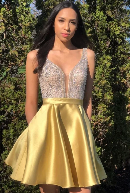 Yellow v neck satin short party dress, homecoming dress cg4973 Tunics Lace romantic