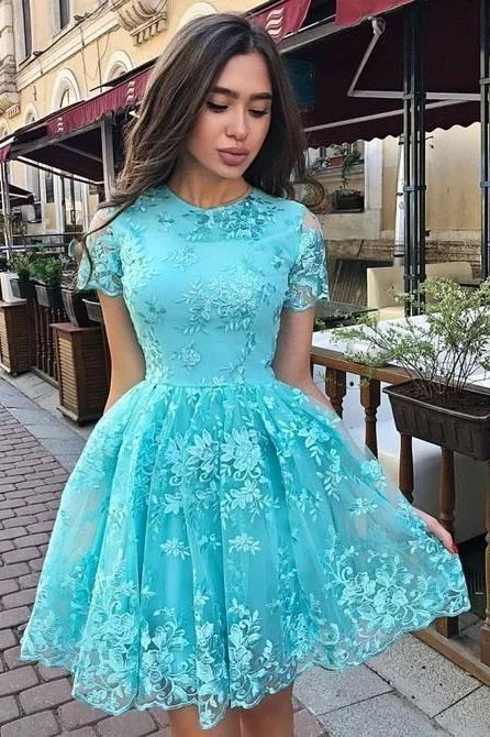 formal lace homecoming dresses short, short sleeves graduation party dresses, simple blue homecoming dresses for teens cg4445 Tunics Sophisticated sleek