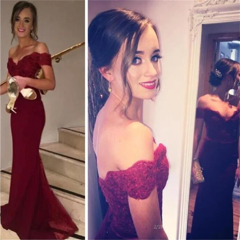 Best Sales Burgundy Off Shoulder Mermaid Lace Long Prom Party Dresses for wedding, BG51040 Boatneck Modish Everyday