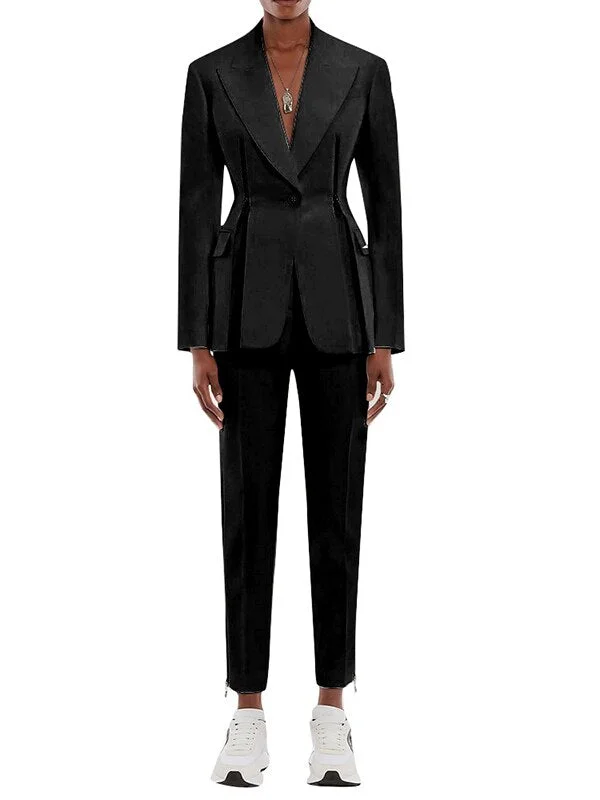 ASHORE SHOP Patchwork Zipper Two Piece Set For Women Notched Long Sleeve Top Elastic Waist Straight Pant Casual Sets Female Spring Fashionable Work Pants
