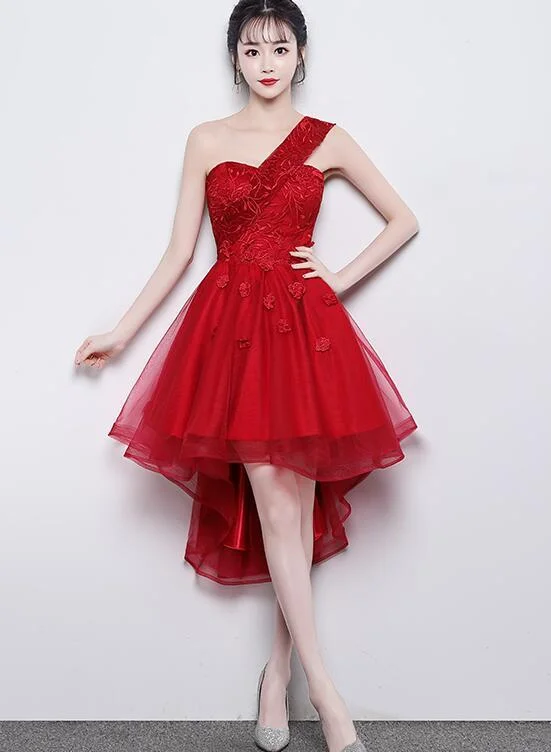 Cute One Shoulder Sweetheart Tulle High Low Party Dress, Red Homecoming Dress cg1795 Tunics Mesh breathable