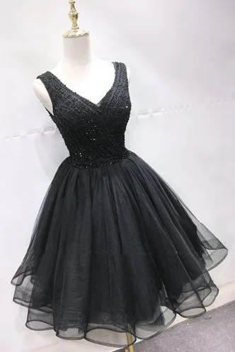 Black Tulle Lace Mini Party Dress, Beaded Lace Up Homecoming Dress cg5604 Tunics Custom made